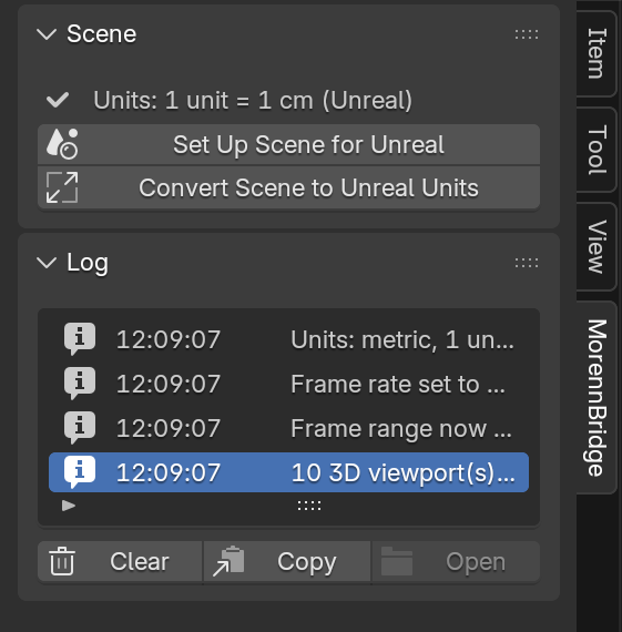 Scene panel after setup, with the log