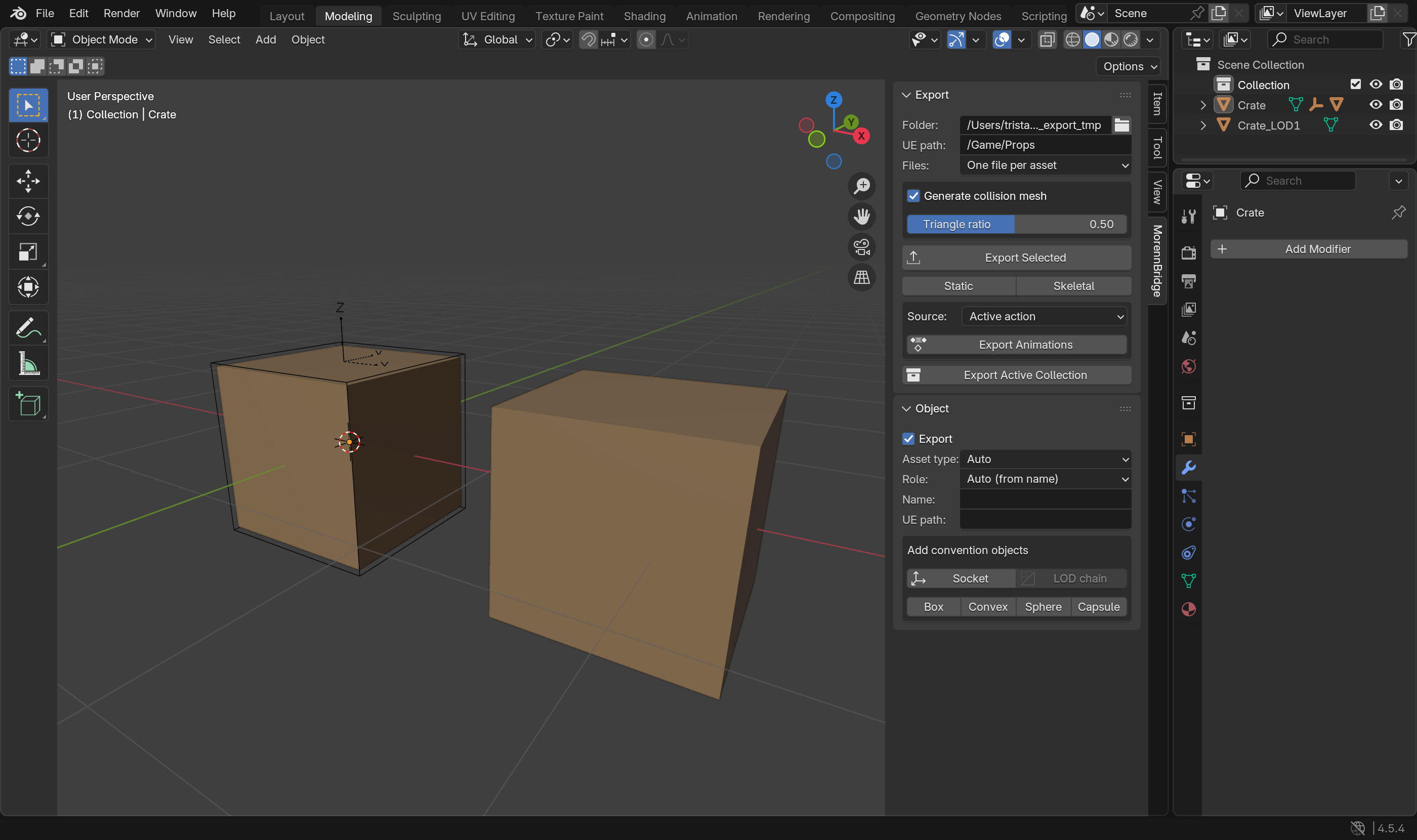Export panel with a crate, its UCX collision box and a socket