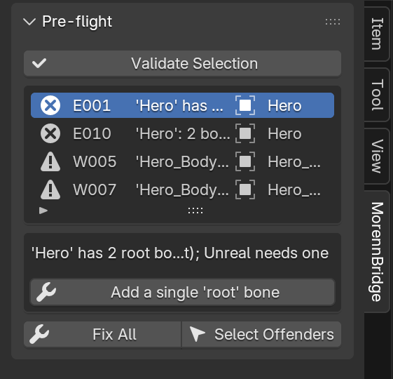 Pre-flight panel listing issues with fix buttons