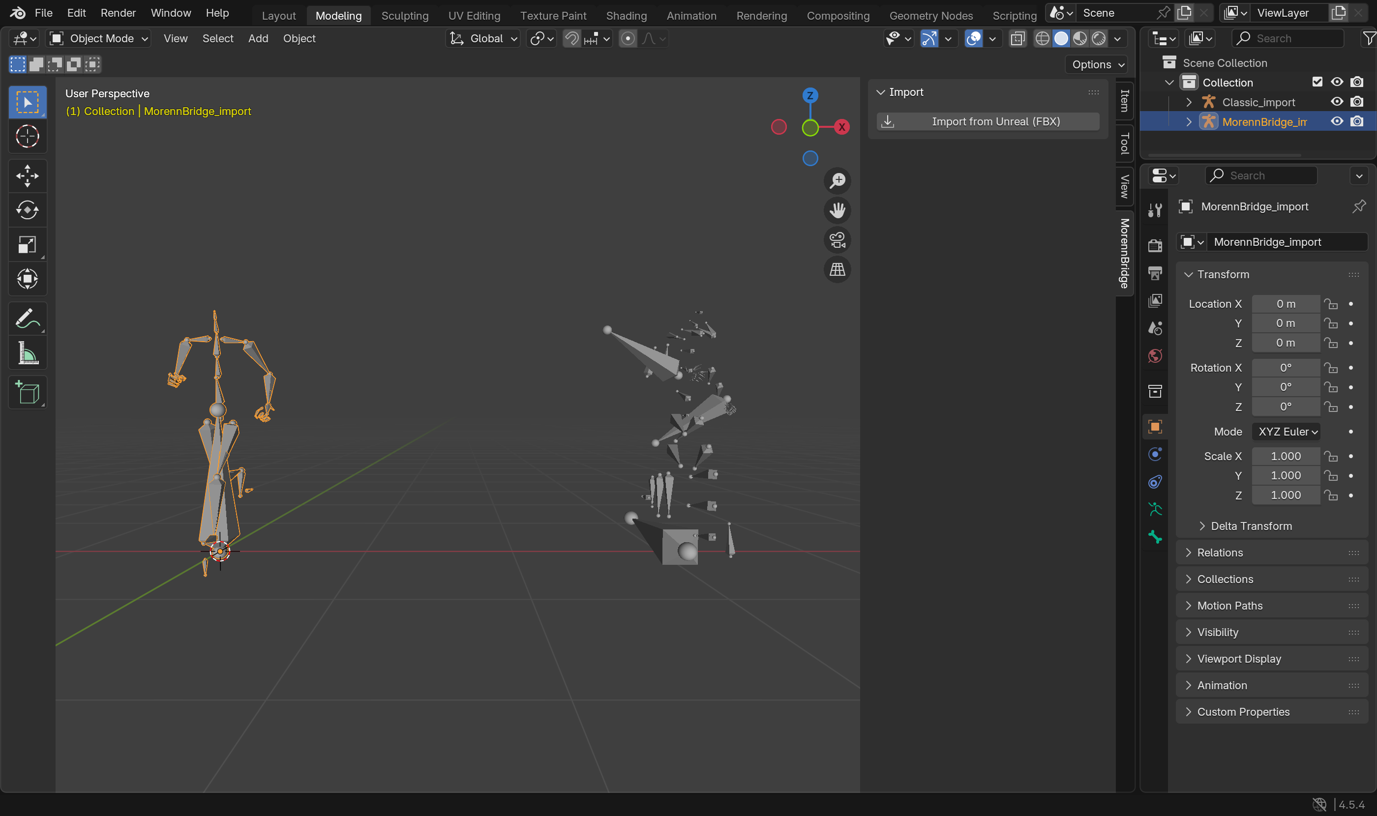 Left: MorennBridge import. Right: Blender's stock importer, same file.