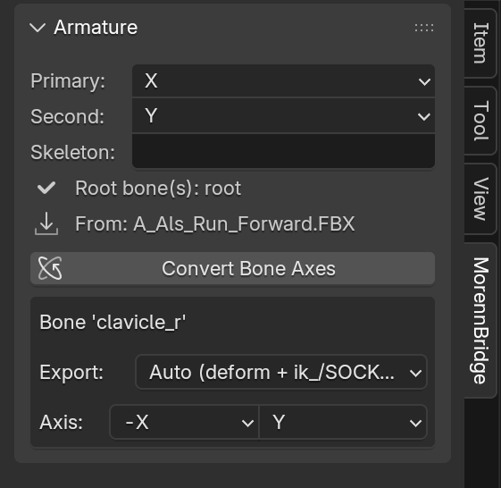 Armature panel showing the per-bone Unreal axis