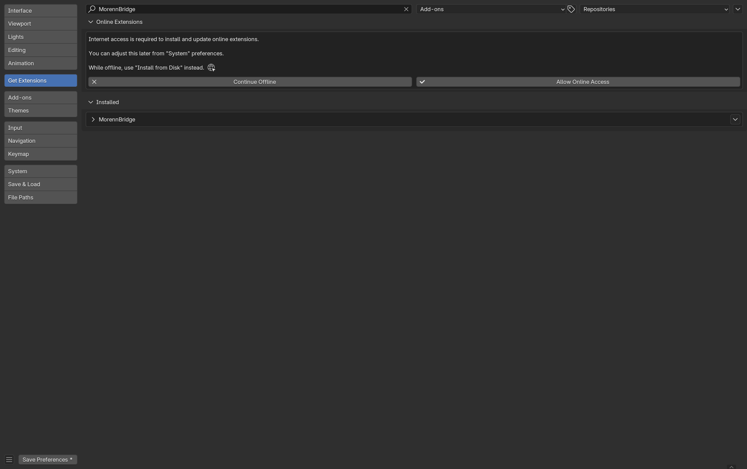 Get Extensions page with MorennBridge installed